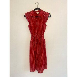 Red Polka Dot Sleeveless Shirt Dress With Waist Tie & Pockets - Monteau Size L